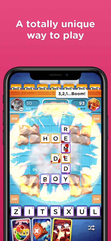 Word Domination: PvP Word Game - Screenshot von Word Domination, der ein kompetitives Echtzeit-Wortmatch mit einem Explosionseffekt und strategischen Boostern zeigt
