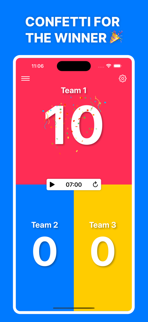 A digital scoreboard with three teams showing confetti for the winning score