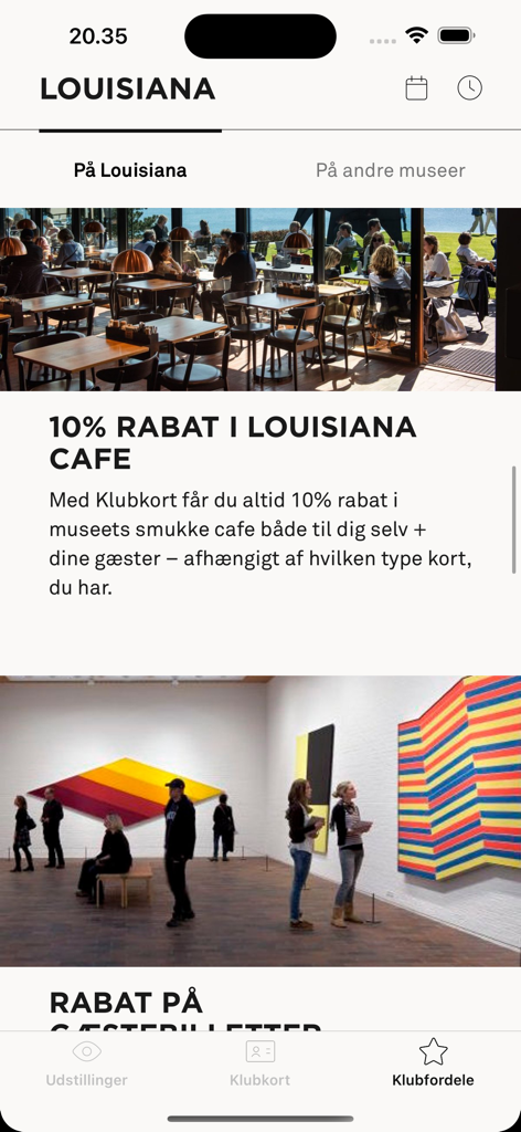 Louisiana Museum Of Modern Art - Louisiana Museum app showing membership benefits including cafe discounts and exhibition access