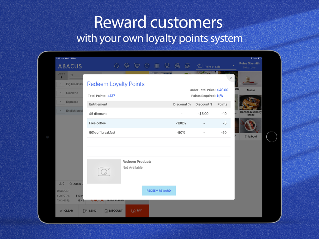 iPad screen showing the loyalty points redemption feature within the Abacus POS app for hospitality businesses