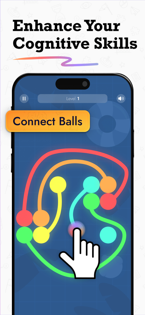 A smartphone displaying the Connect Balls logic game to enhance cognitive skills within the IQ Masters app
