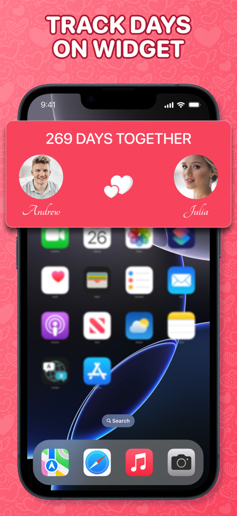 My Love app relationship counter widget on an iPhone home screen showing two hundred sixty-nine days together with couple photos.
