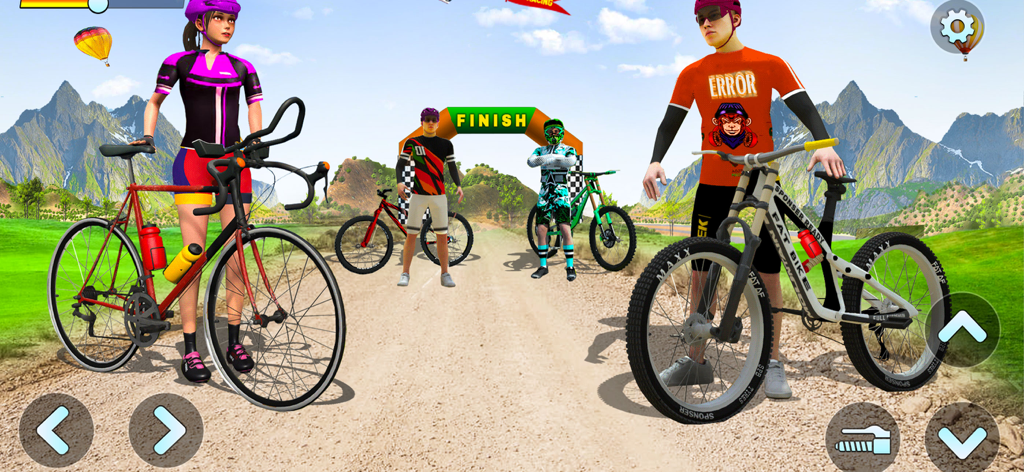 BMX Cycle Stunt Race Games 3D - Characters with mountain bikes standing near a finish line in a 3D racing game