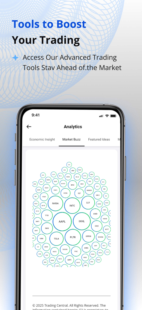 FXTRADING.com mobile app showing the Market Buzz analytics tool with a bubble chart of popular stock tickers.