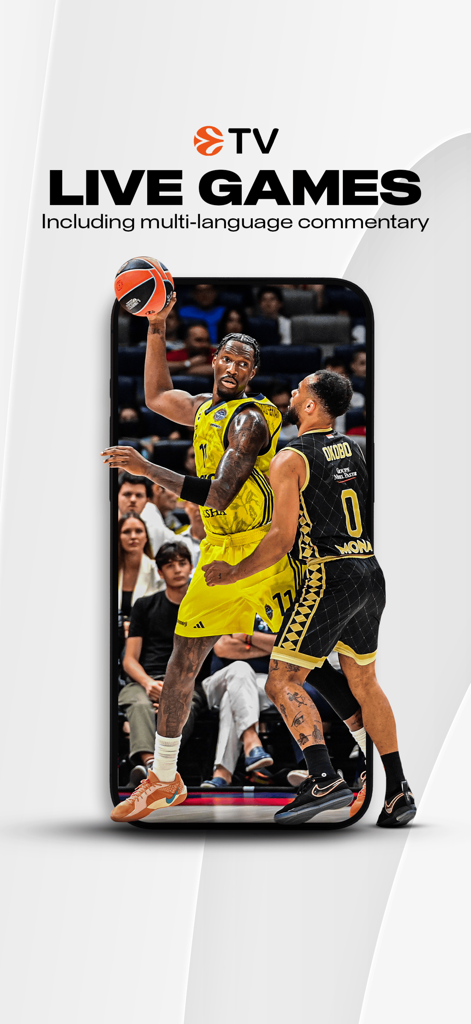 EuroLeague TV - EuroLeague TV app screen showing live basketball games with multi language commentary