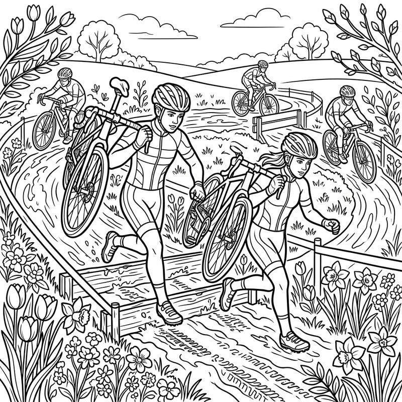 Experience the thrill of spring cyclocross with this dynamic coloring page. Watch riders conquer challenging obstacles amidst blooming flowers, awaiting your vibrant colors.