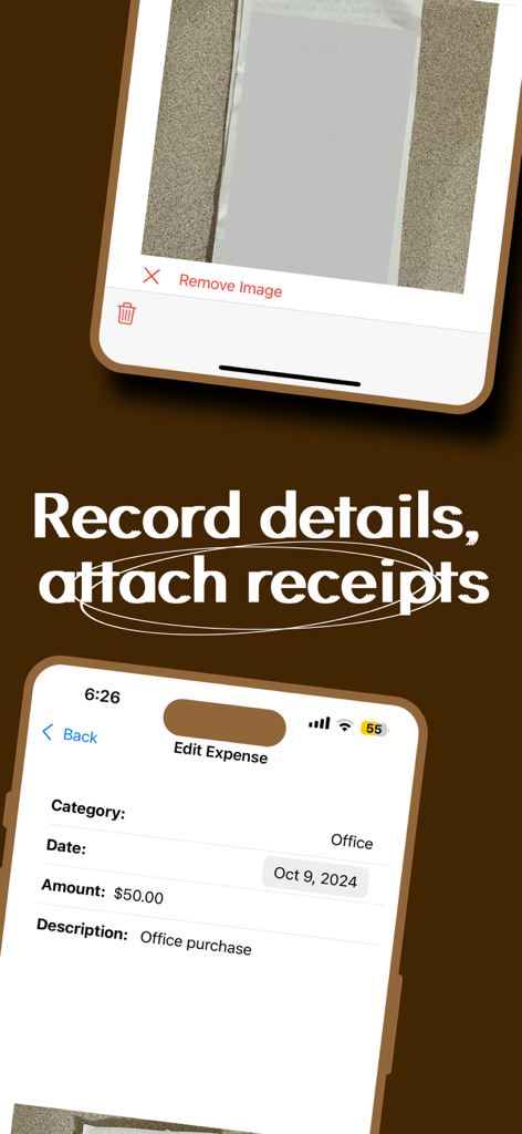 MinistryExpense - Mobile app screen for recording ministry expense details and attaching digital receipts