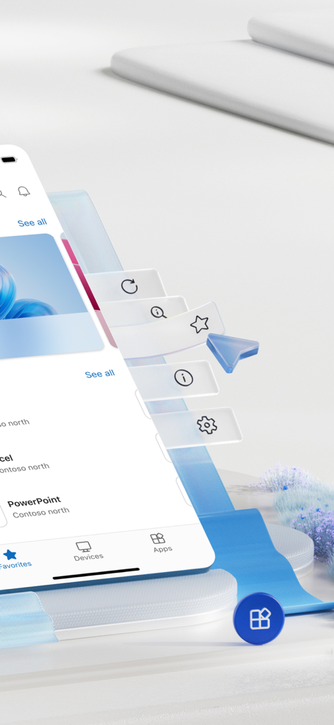 スマートフォン上の Windows App Mobile のインターフェイス。リモート アプリとナビゲーション オプションが表示されています。