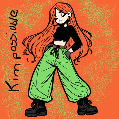 girl in baggy pants crop top and long hair