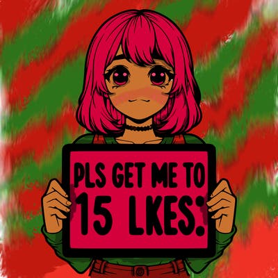 realistic girl holding up a sign that says “pls get me to 15 likes!”