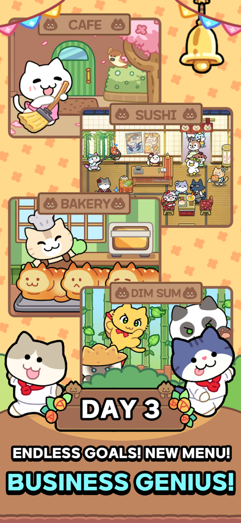 Catstaurant : Cat Chefs - 초밥집, 베이커리, 카페 등 다양한 종류의 레스토랑을 관리하는 귀여운 고양이 셰프들을 보여주는 콜라주.