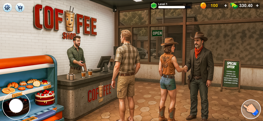 Cafe Shop Coffee Simulator - A barista behind a coffee shop counter with customers and a pastry display in a simulation game.