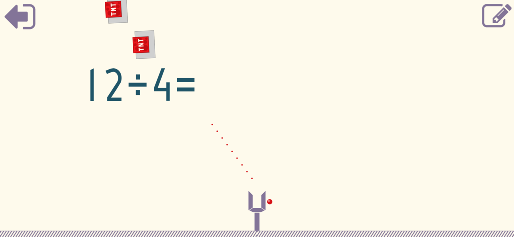 Math Shot Division - Gameplay of Math Shot Division showing a division problem 12 divided by 4 with a slingshot aiming at TNT crates.