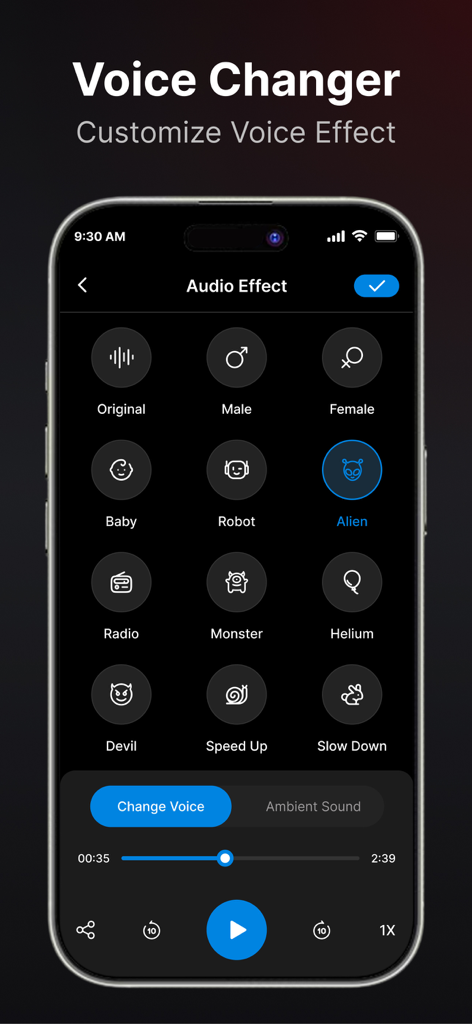 Voice Recorder : Voice Memos - Interfaz de cambiador de voz con múltiples efectos de audio como robot, alienígena y monstruo en la aplicación Notas de Voz.