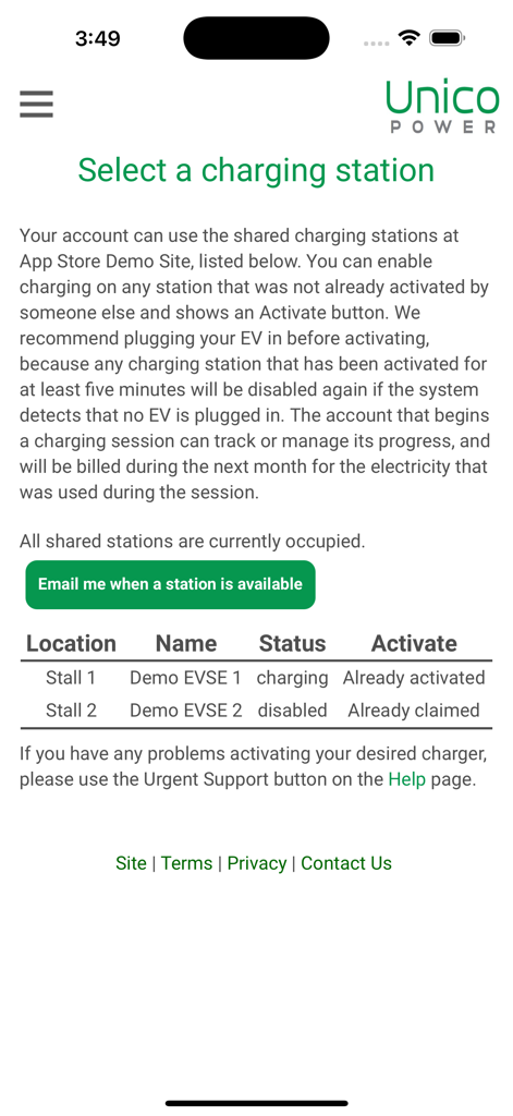 Unico Power - Unico Power app interface for selecting and monitoring EV charging station availability.