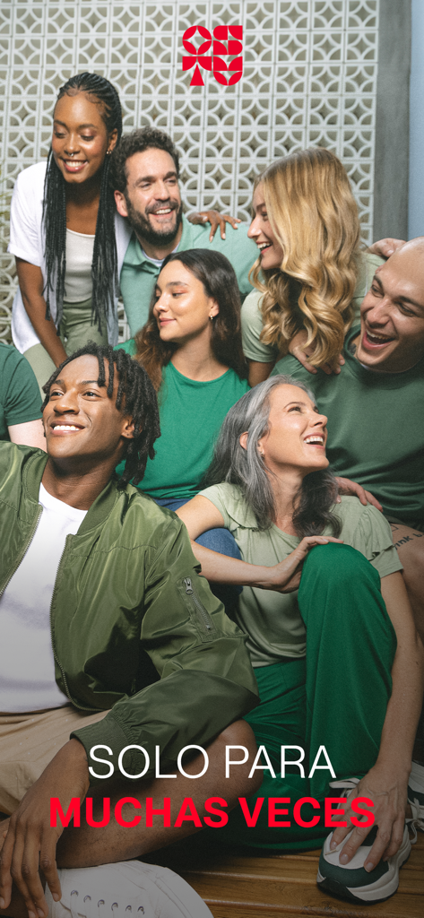 Gruppo variegato di persone sorridenti che indossano abiti casual verdi e bianchi dall'App OSTU