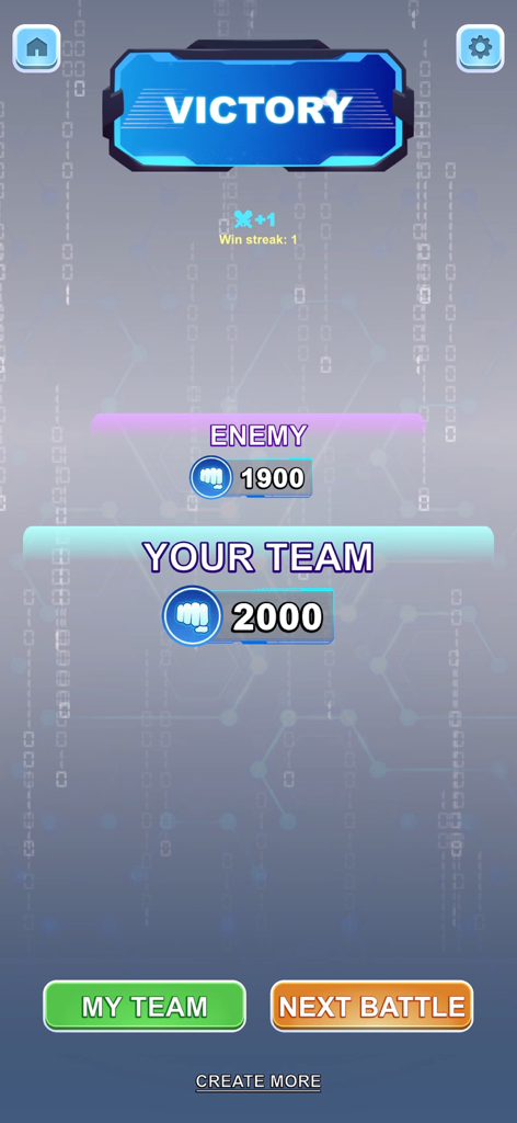 AI Robot Fusion Forge - Pantalla de victoria en AI Robot Fusion Forge que muestra una puntuación de batalla ganadora y una racha de victorias.