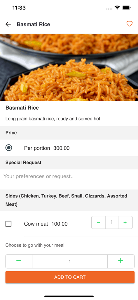 Yakoyo Abula Joint - Basmati rice menu item page with price and side options in the Yakoyo Abula Joint app