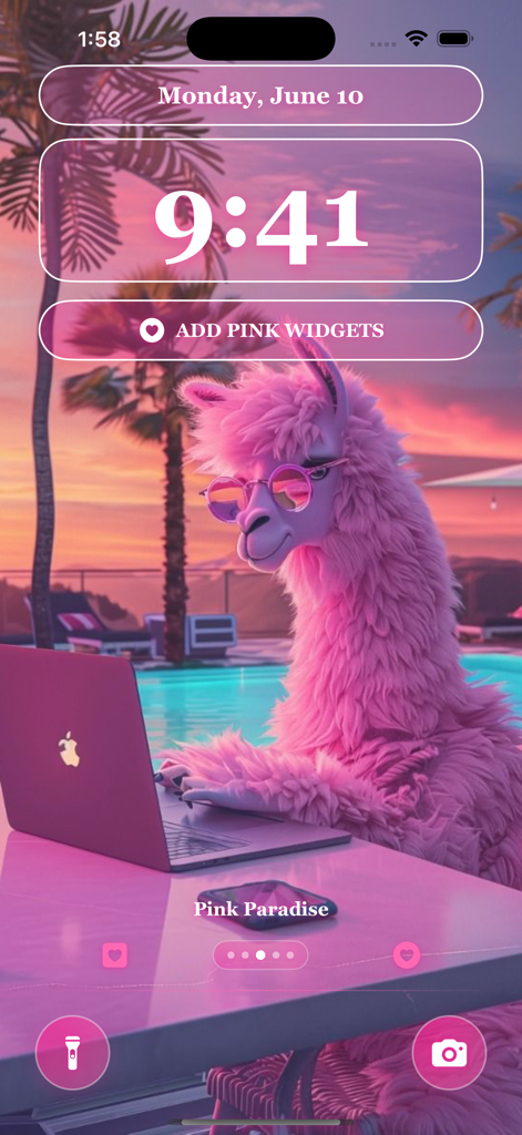 A pink llama wearing sunglasses using a laptop by a pool under a sunset sky on an iPhone lock screen.