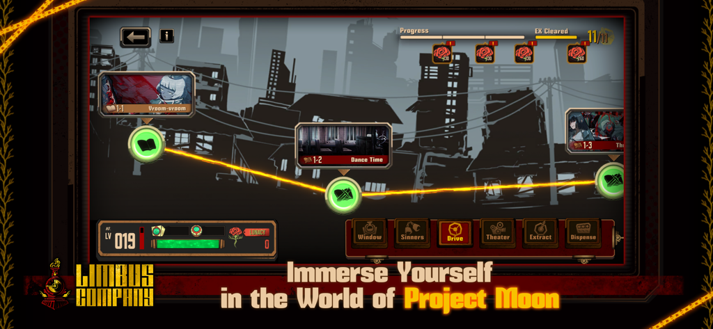 Interface de carte de sélection de mission de Limbus Company montrant la progression des niveaux et les silhouettes de la ville dystopique.