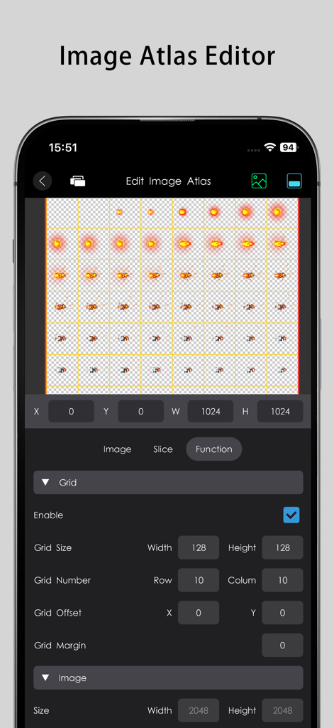 Game Maker Go - Screenshot of the Image Atlas Editor in Game Maker Go showing a sprite grid and animation asset settings