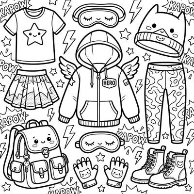Discover a universe of style with this Kawaii superhero fashion coloring page, perfect for teens. Customize adorable outfits and accessories with heroic flair and a touch of cuteness.