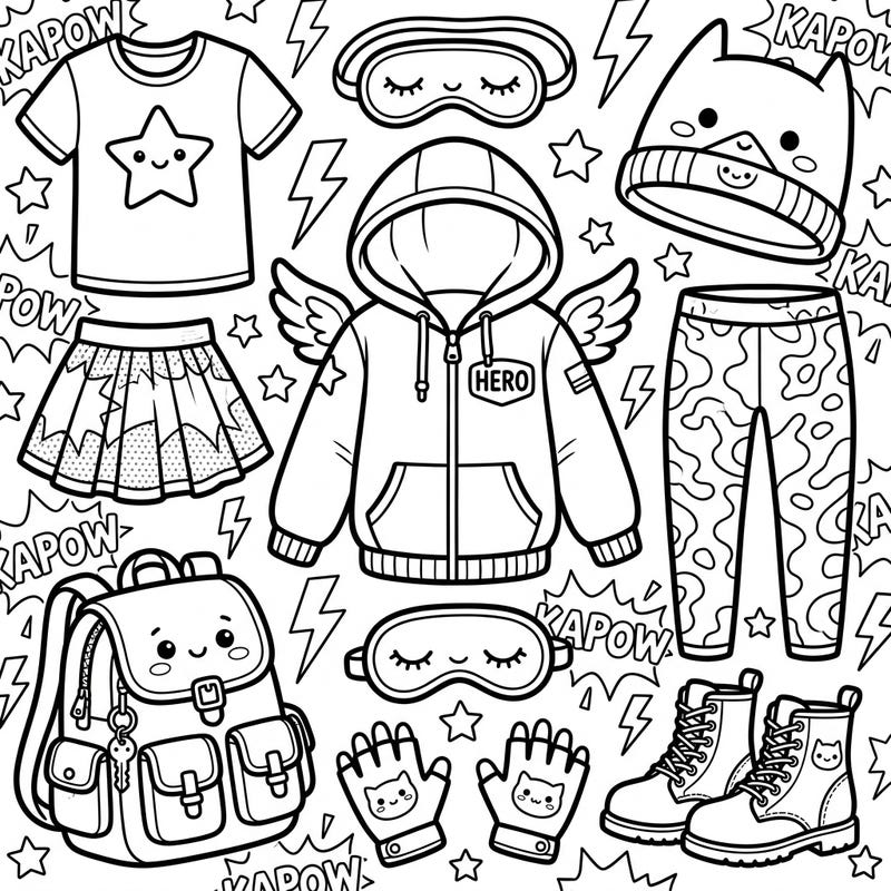 Discover a universe of style with this Kawaii superhero fashion coloring page, perfect for teens. Customize adorable outfits and accessories with heroic flair and a touch of cuteness.