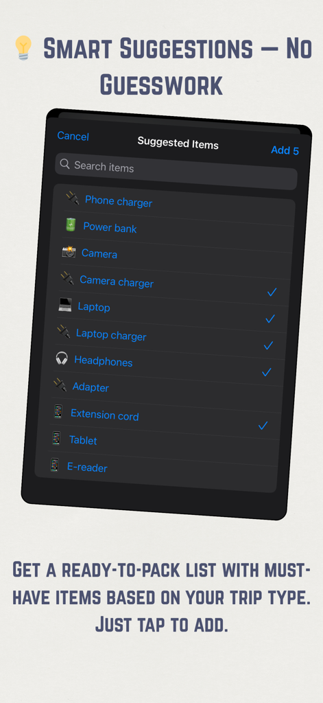 TripList: Smart Packing List - TripList app screen showing smart suggestions for packing travel electronics and chargers