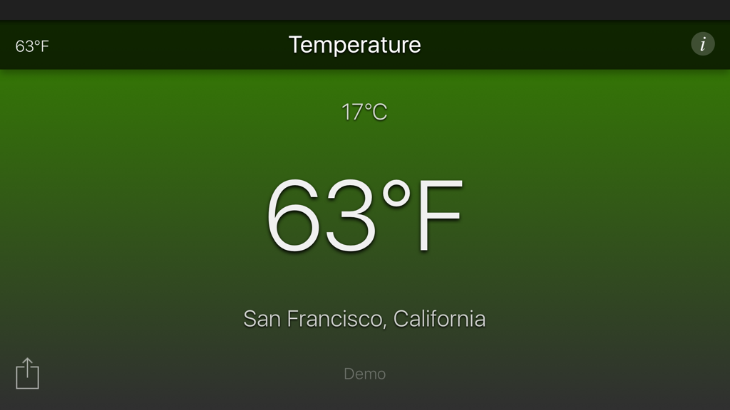 Temperature App - Temperature App interface displaying 63 degrees Fahrenheit in San Francisco with a green background.