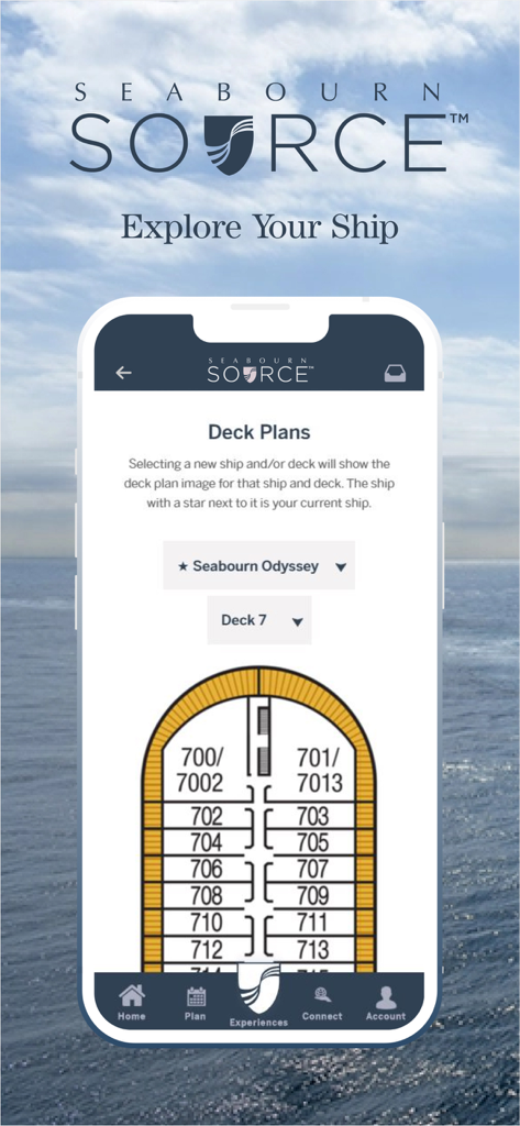 Seabourn Source - Seabourn Source app interface displaying deck plans and cabin layouts for the Seabourn Odyssey ship