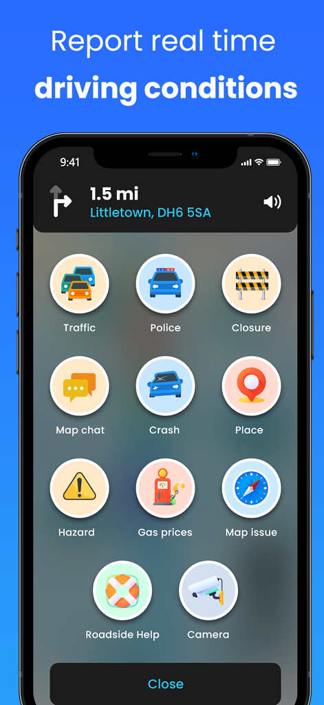 Interface do aplicativo GPS Navigation mostrando opções para relatar condições de direção em tempo real, como tráfego, perigos e preços de combustível.