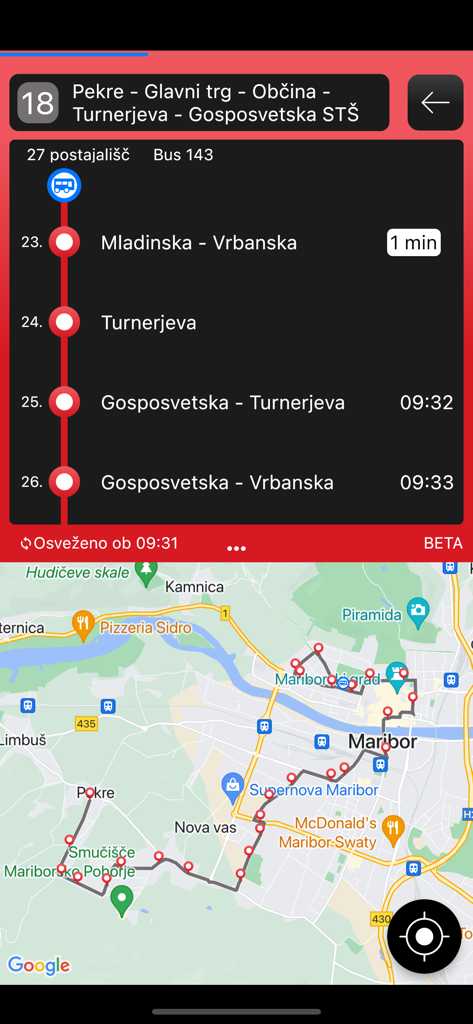 Real-time bus tracking and route map on M mobilnost app for Maribor transit