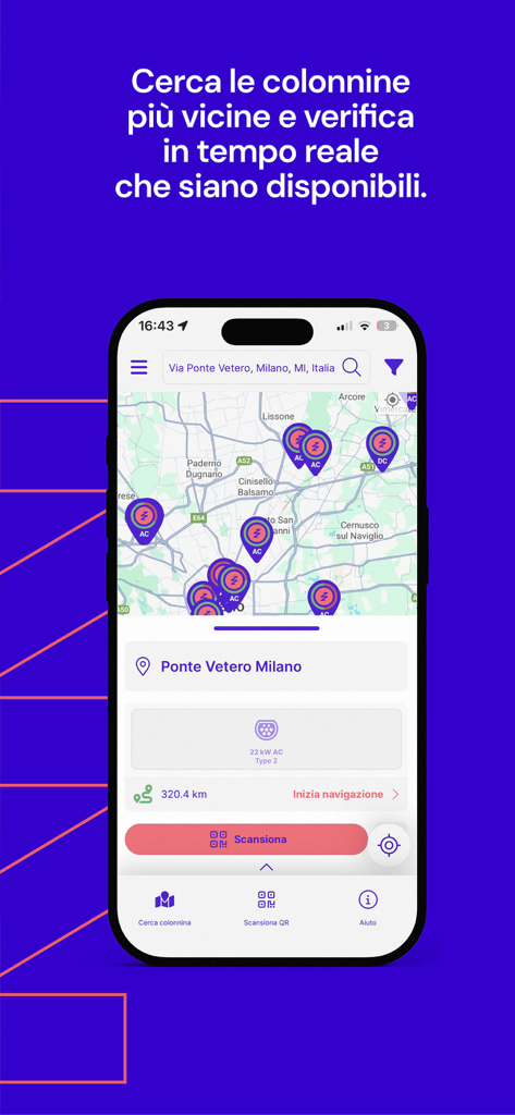 Uattzy – Stazioni di ricarica - Mappa dell'app Uattzy che mostra le stazioni di ricarica per veicoli elettrici nelle vicinanze con disponibilità e opzioni di navigazione