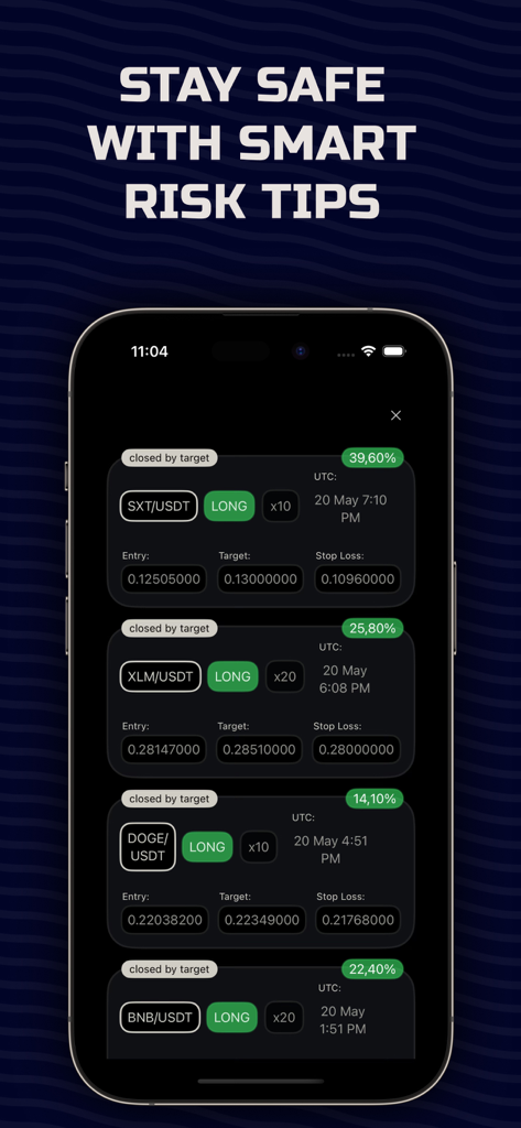 Interface of Crypto Signals AI Trading Bot app displaying profitable trades and risk tips