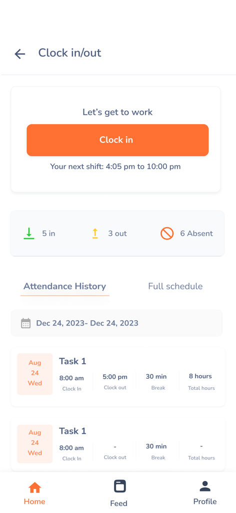 Huza HR - Interface of the Huza HR app showing a clock in button and an attendance history list.