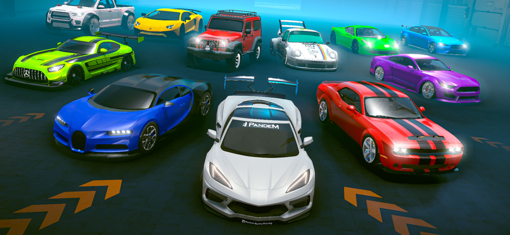 Extreme Car Racing: Stunt Game - Uma variedade de supercarros coloridos e veículos off-road na garagem do Extreme Car Racing Stunt Game