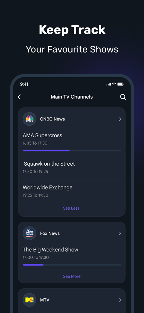 iPTV Smarters - Watch Live TV - A mobile app interface displaying a list of live TV channels and upcoming shows with progress bars for current programs