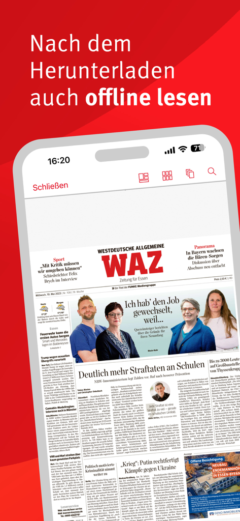 WAZ E-Paper - iPhone, das die WAZ E-Paper Digitalzeitung mit einer Schlagzeile über Offline-Leseoptionen anzeigt.