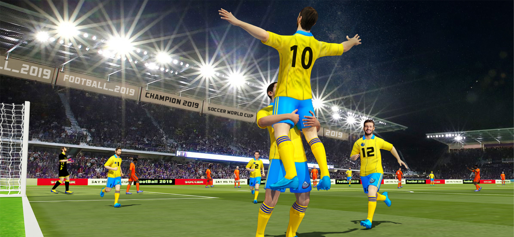 Play Football 2026- Real Goal - 明るいスタジアムの照明の下でゴールを祝う黄色いユニフォームのサッカー選手たち、3Dモバイルゲーム