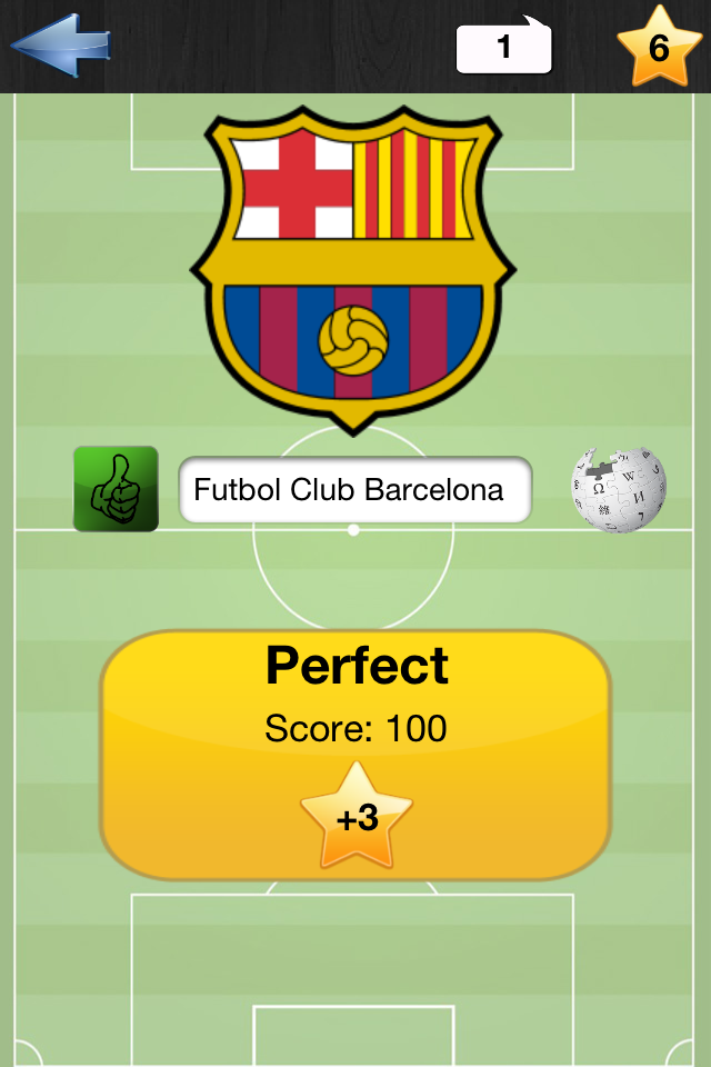 A screenshot of the Logo Quiz Soccer app showing a correctly identified FC Barcelona crest with a perfect score of 100 points