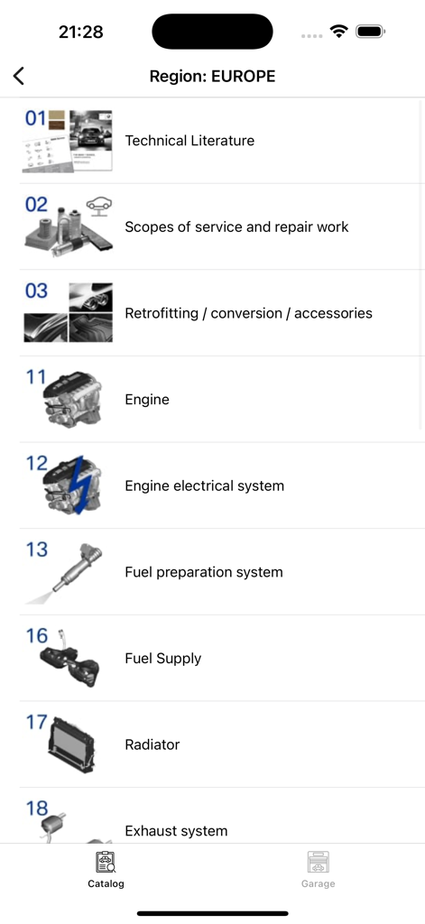 엔진 및 연료 시스템 부품 카테고리를 보여주는 롤스로이스 ETK 앱 화면