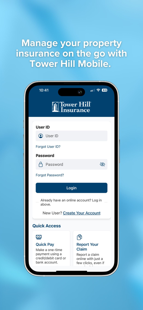 Tela de login do Tower Hill Mobile para gerenciamento de seguro de propriedade.