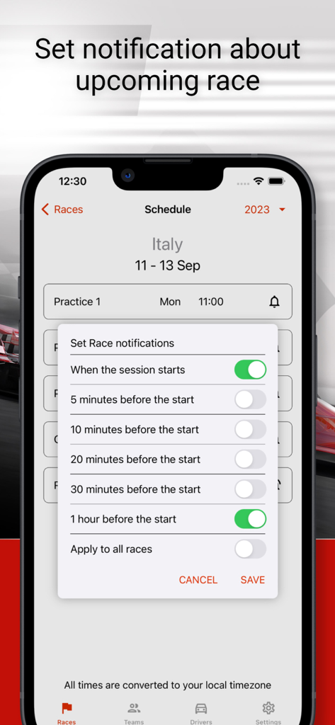A mobile interface from the Formula 2026 app showing a pop-up menu to set personalized race reminders and notifications for practice and qualifying sessions.