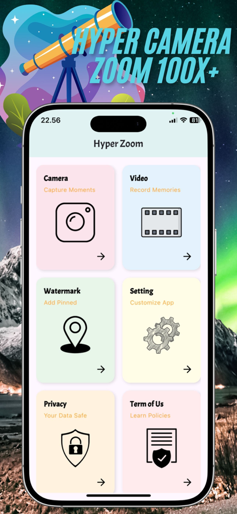 Hyper Camera Ultra Zoom 100x - Main interface of the Hyper Camera Ultra Zoom 100x app showing camera video and watermark settings