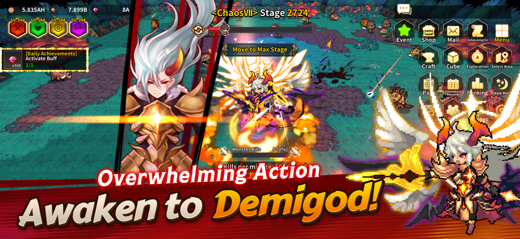 Demigod Idle: Rise of a legend - Gameplay screenshot of Demigod Idle showing a character awakening into a powerful Demigod with flashy combat effects