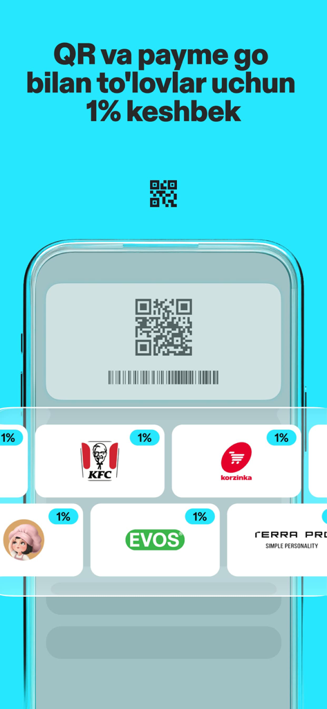 payme - переводы и платежи - 소매점용 QR 코드 결제 및 1% 캐시백 보상을 보여주는 Payme 모바일 앱 화면