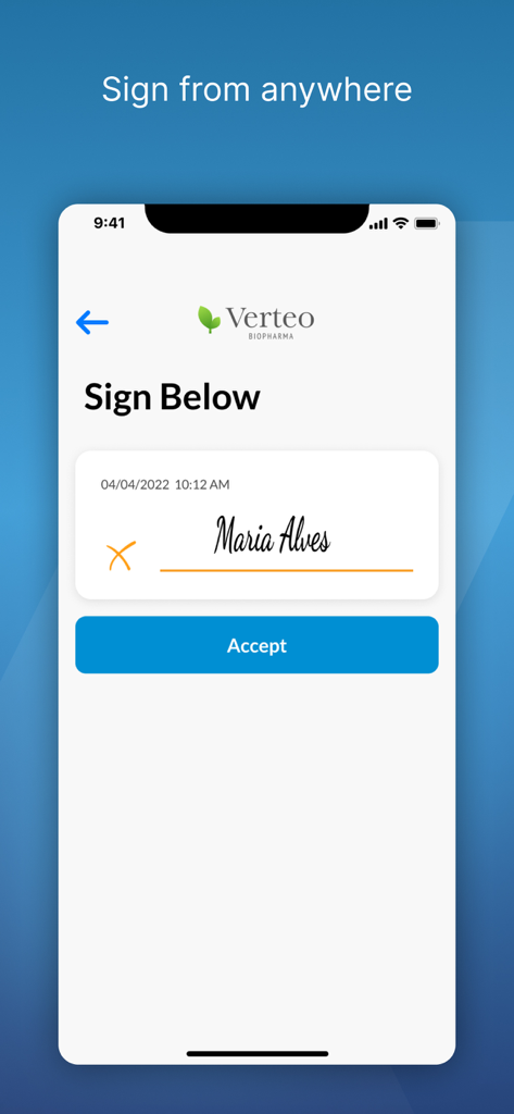 Digital signature interface within the Veeva Engage mobile application for healthcare professionals