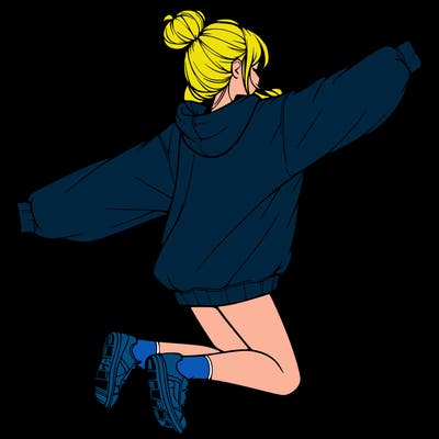 realistic girl jumping with a bun and oversized sweatshirt