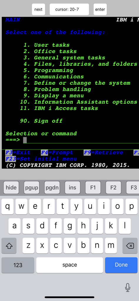 Hauptmenü von IBM iSeries im mobilen TN5250-Terminalemulator angezeigt