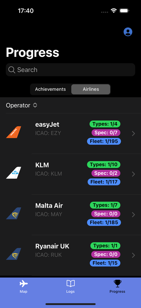 Fleetlog - Tela de progresso do aplicativo Fleetlog mostrando estatísticas de rastreamento de companhias aéreas para easyJet e KLM